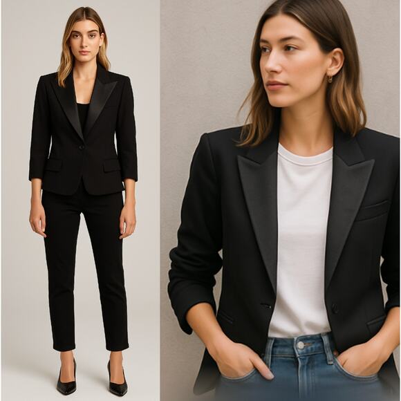 Smythe 4 Classic Wool One Button Blazer Textured Wide Lapel Tuxedo Jacket Black - Picture 1 of 13